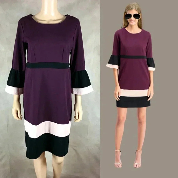 NY COLLECTTION 3/4 Bell Sleeve Purple Stretch Crepe Shift Dress NEW Size Small/M - Picture 1 of 10